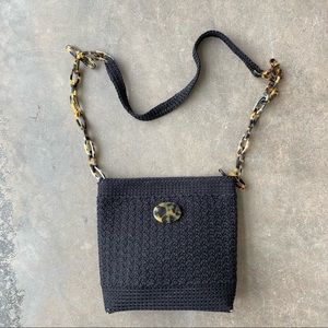 VINTAGE CHRISTIAN LIVINGSTON Black Crocheted Purse with Tortoise Shell Strap